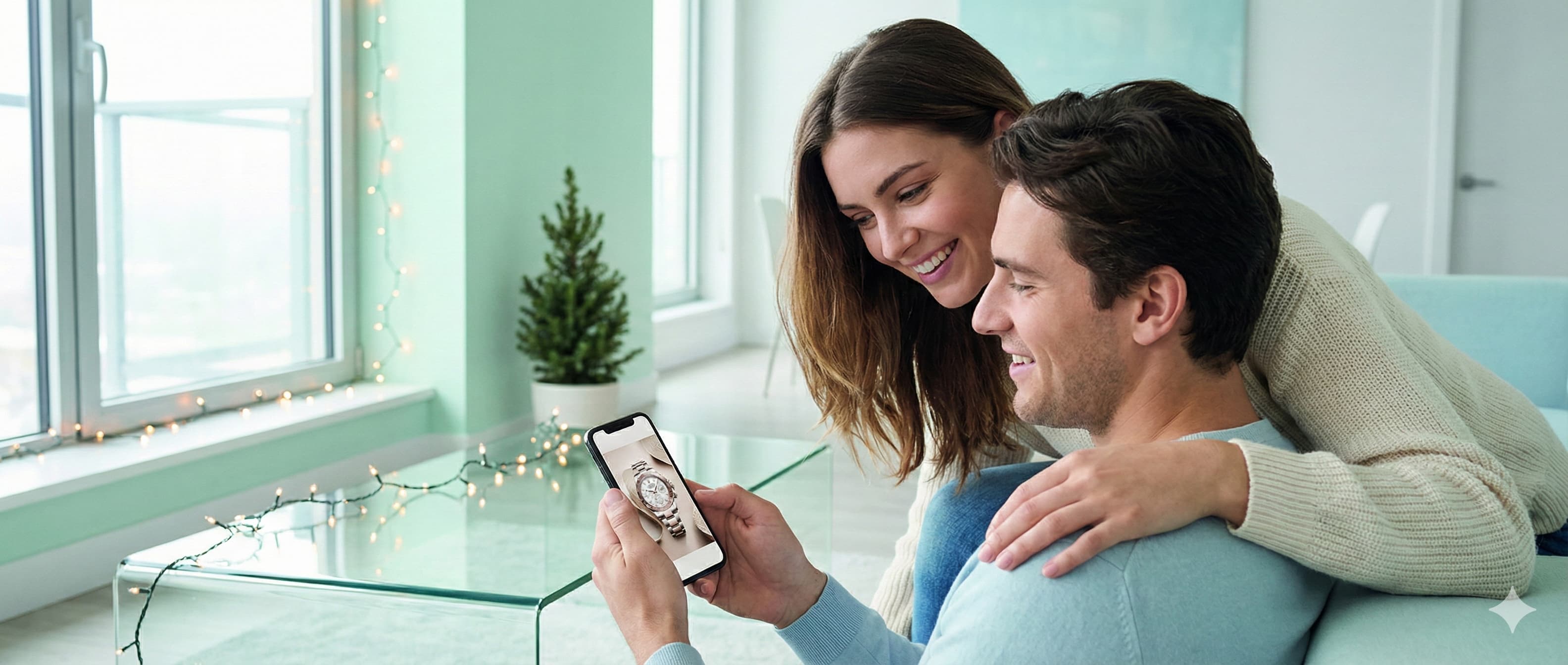 Couple looking at phone together with gift wishlist